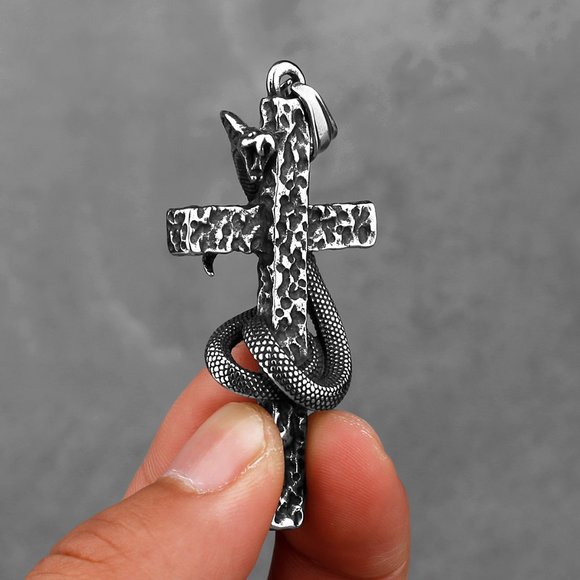 Gravestone Snake Cross Religious Unisex Pendant Necklace, GP1231033 - Picture 2 of 7